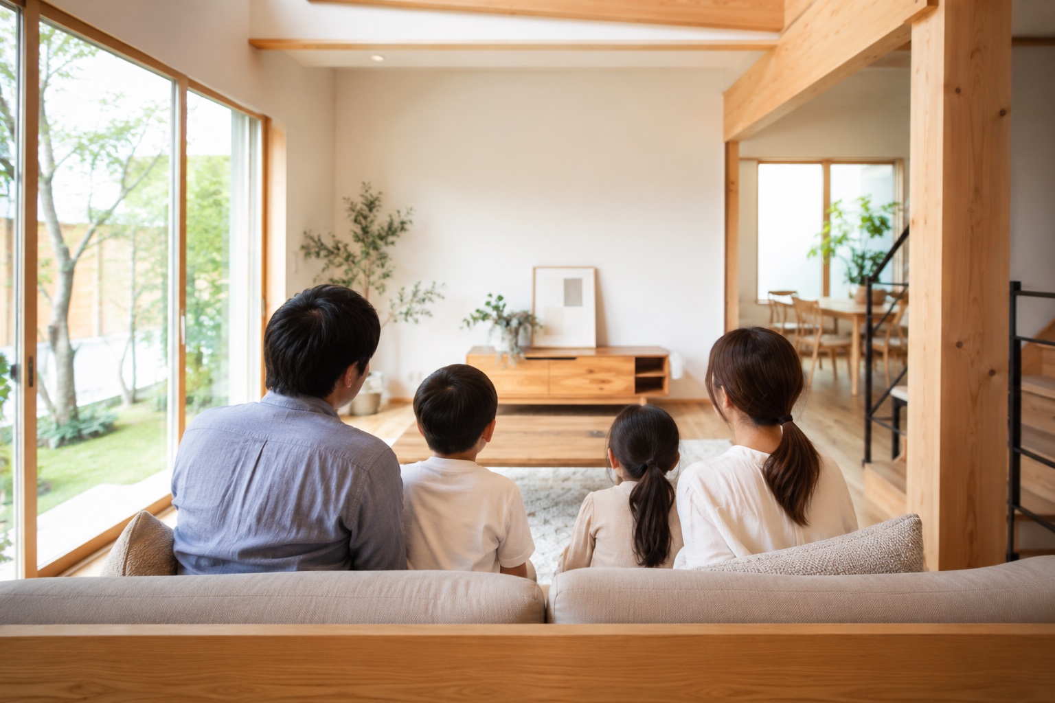明るいリビングでくつろぐ家族