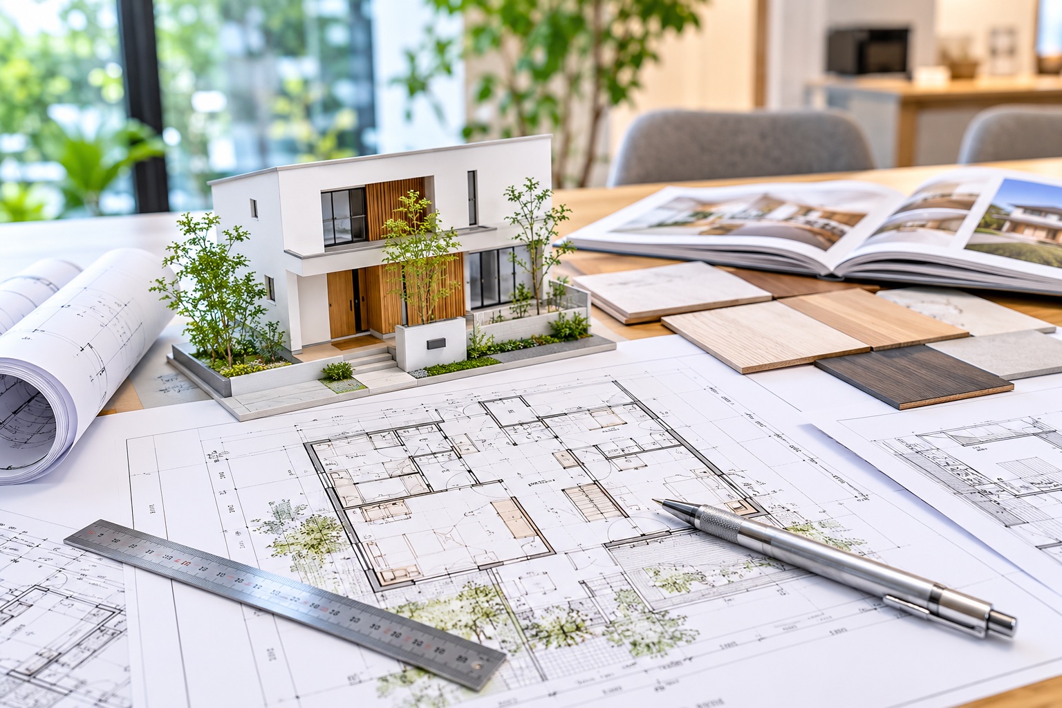 住宅の間取り図面と模型住宅のミニチュア