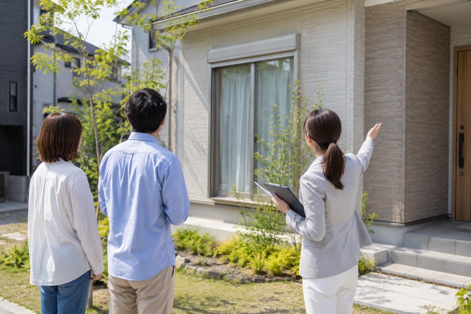 完成見学会でスタッフの案内を受ける来場者家族